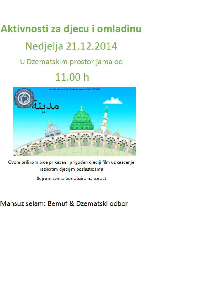 Aktivnosti za djecu i omladinu u nedjelju 21. dec od&nbsp;11h