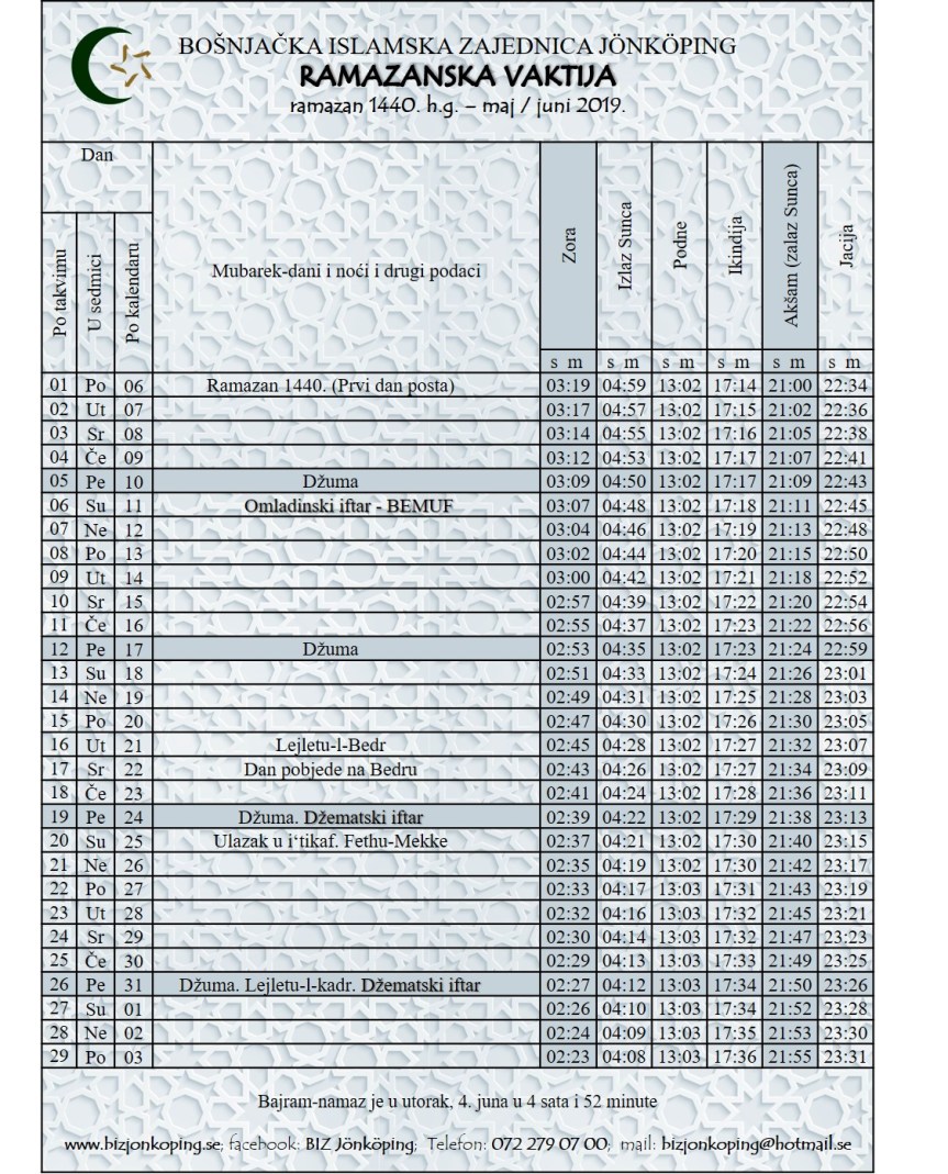 vaktija ramazan 2019